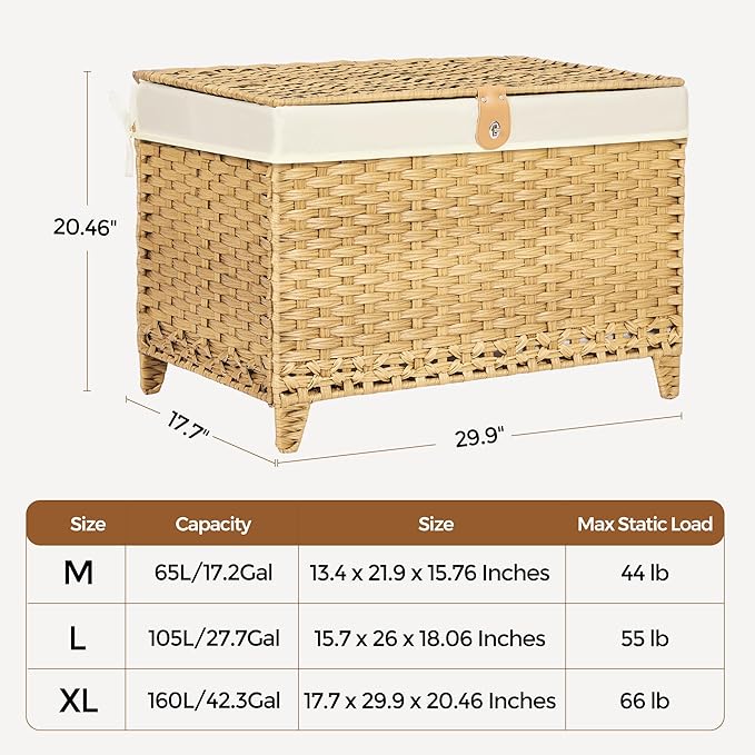Honjourai Wicker Storage Basket with Lid,Rattan Shelf Basket with Removable Liner Bag,160L Storage Bin,Storage Trunk with Heightened Feet,Storage Container for Wardrobe,Home Organizer