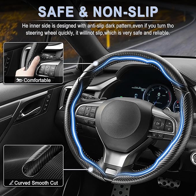 Amiss 3pcs Carbon Fiber Anti-Skid Steering Wheel Cover, Waterproof & Segmented Butterfly Design, Universal 99% Vehicle Wheel Cover Protector, Car Interior Accessories (Black-3pcs)