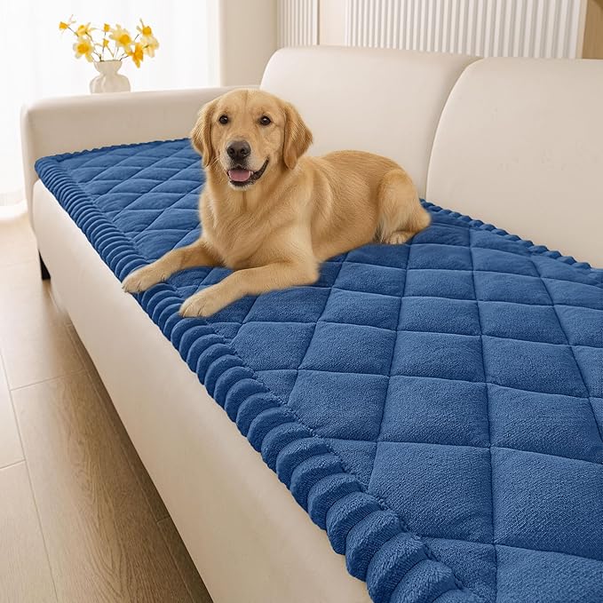 Smiry Fuzzy Couch Cover for Dogs, Non Slip Washable Pet Sofa Cover, Scratch Proof Hair Resistant Plush Sofa Slipcover, Pet Friendly Couch Cushion Protector for Cat, Navy, 27.6" x 88"