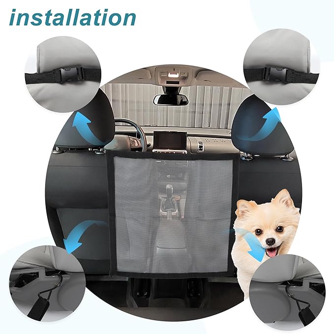 Dog Car Net Barrier, with Adjustable Rope and Hook, Pet Barrier Backseat Dog Car Net, for SUV Pickup, Dog Car Net Barrier, Black, 20.87"x20.87"