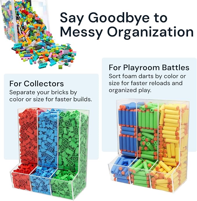 Triple Acrylic Toy Dispenser for Kids - Self-Serve Snack & Toy Foam Blasters, Car Storage for Wall or Countertop - Clear 3-Compartment Hanging Organizer for Playroom & Nursery - 12.5" H