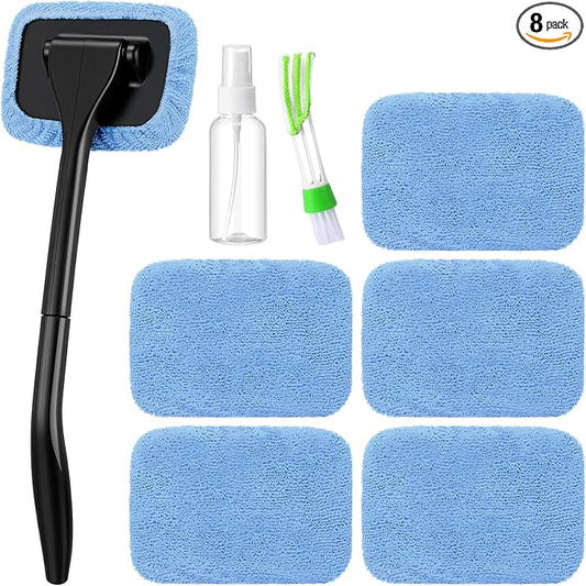 FoldTier 8 Pcs Car Windshield Cleaner Tool Kit with Removable Handle, Microfiber Towel Pads, Brush, Empty Spray Bottle for Auto Glass Wiper Suvs Rvs & Home Windows(Light Blue)