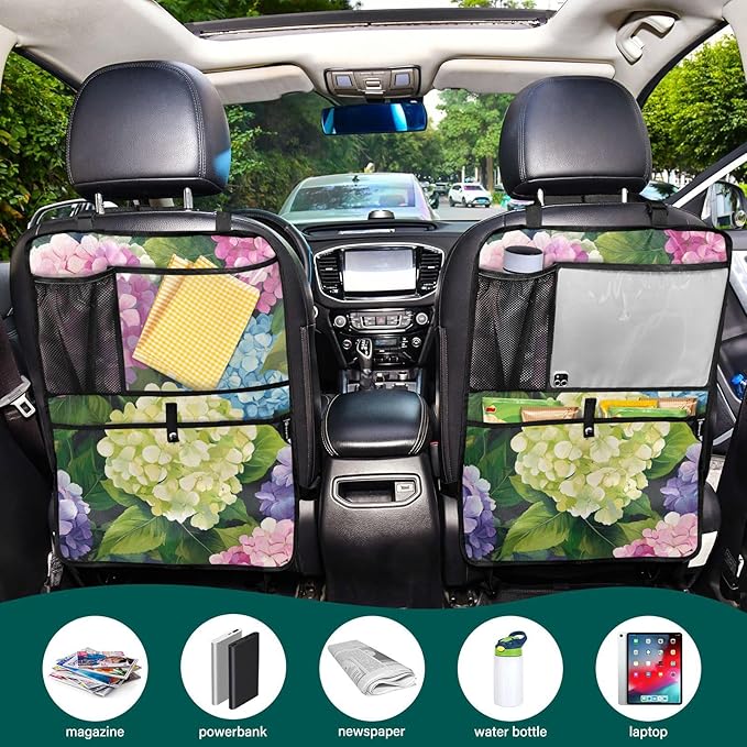 Pink Hydrangea 2 Pack Backseat Car Organizer with Storage Pockets Seat Back Organizers for Kids Kick Mats Backseat Protector Automotive