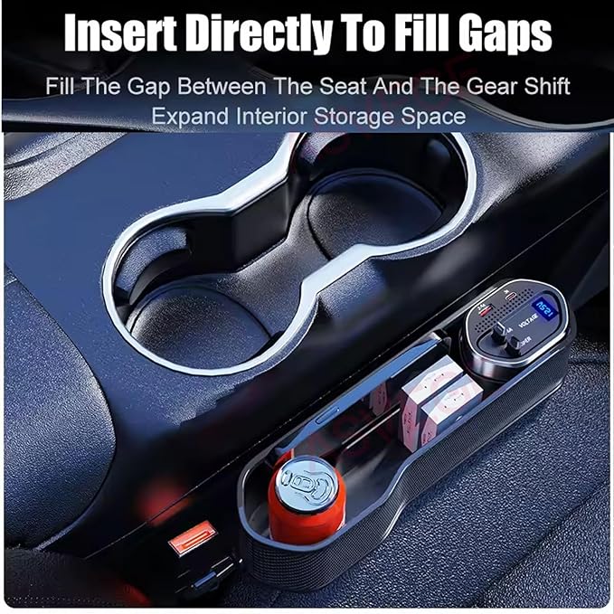 Universal Car Seat Gap Filler Organizer,Storage Box with Cup Holder Dual USB ports,2 Charging Cables and Wireless Charger,Cigarette Lighter,Car Front Seat Box for Multifunctional Car Interior Access