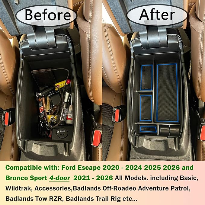TACORBO Center Console Organizer Compatible with Ford Escape 2020-2025 2026 and 2021-2024 2025 2026 Bronco Sport Accessories, CX430 4-Door Insert Tray, Armrest Secondary Storage Box, Blue Trim
