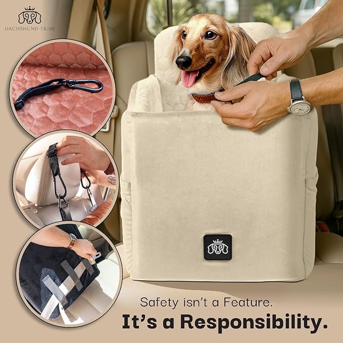 Dog Car Seat for Small Dogs, Dachshund Car Seat Booster Bed for Small Breeds – Non-Slip Base, Adjustable Straps, Washable Cover (Small Size Cream)