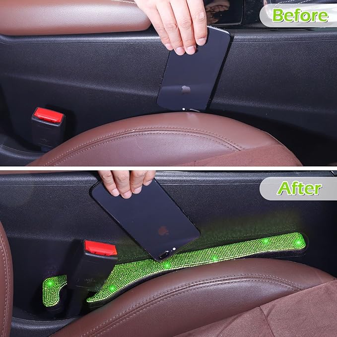 Briwill Green Bling Car Seat Gap Filler, Set of 2 Handmade Crystal Rhinestone Diamond Green Car Gap Filler Fit for Car Truck SUV Lime Green Bling Car Accessories(Grass Green)