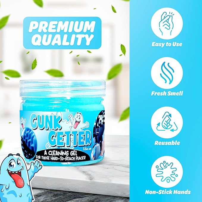 Gunk Getter, Cleaning Gel for Those Hard to Reach Places, Automotive Cup Holder Electronic Keyboard Office, Slime Gel Cleaner Dust Crumb Removal (Jar, Blue, 3.5oz)