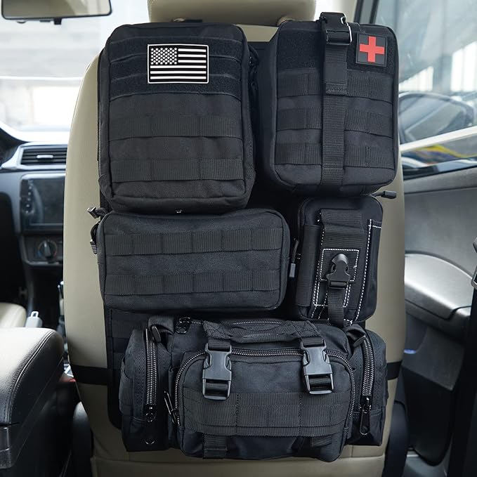 Universal Tactical Car Seat Back Organizer Bag Tactical Molle Vehicle Organizers Panel Vehicle Protector Organizers with 5 Detachable Pouches for Car Truck Ford Jeep (Black)