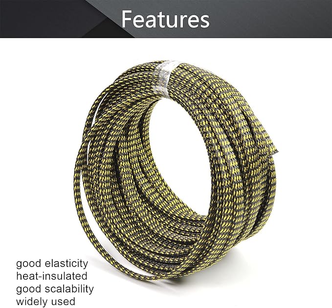Aicosineg 32.81ft PET Flexible Braided Cable Sleeve 0.25inch Width Wire Loom Sleeving and Organizer Flexible Wire Mesh Sleeve Wrap Protector for TV Audio PC Cords from Pets Chewing Black and Gold