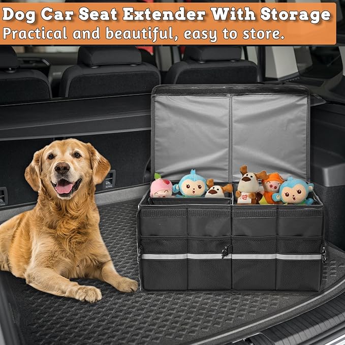Fhiny Dog Backseat Extender with Storage, 23.2'' x 13.4'' Collapsible Back Seat Extender for Dogs Pet Front Seat Extend for Car Puppy Car Seat Gap Filler with Pockets for Small & Medium Dogs