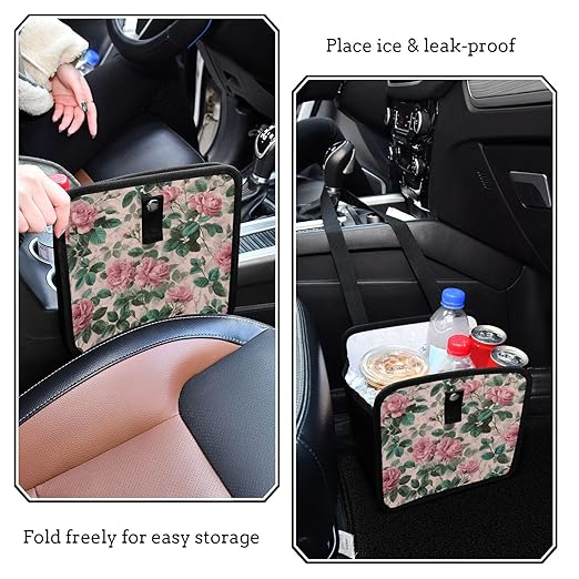Car Trash Can Organizer Bin with Adjustable Strap for Back Front Seat Console Waterproof Leakproof Collapsible Portable 11 Inch Pink Vintage Roses with Leaves