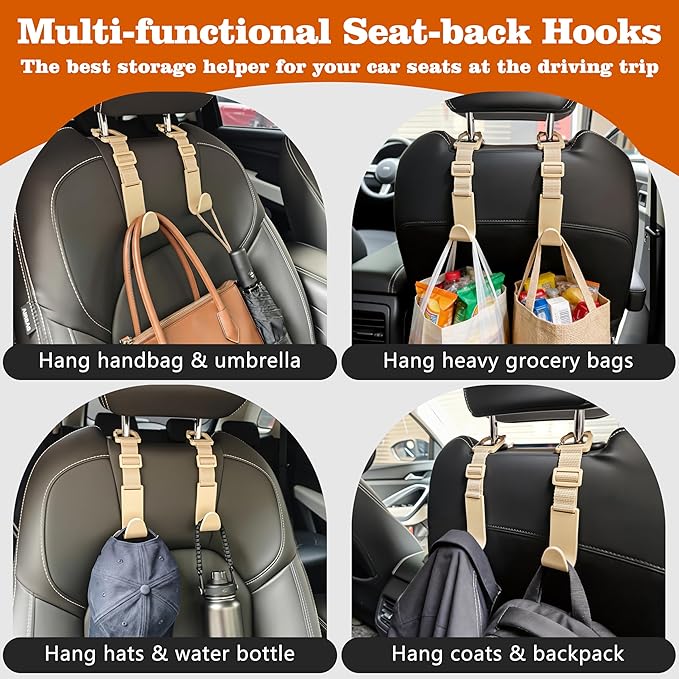 Amooca Car Headrest Hooks 4 Pack Adjustable Universal Fit Auto Seat Back Organizer Storage Hanger Purse Bags Holder with Clip Beige