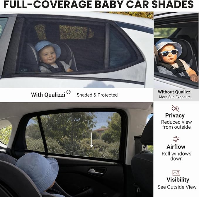 XL/Car Side Window Shades for Baby (9 Sizes/2 Pack). Full-Coverage No-Gaps Stretchy Mesh, Real Block of 96.25% UVA. Sun, Heat & Privacy Protection. Camping Bug Screen. Roll Down Windows | Qualizzi®