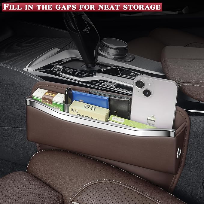 Car Seat Gap Filler - Premium Leather Car Organizer with Extra Storage - Organize and Secure Your Car Essentials - Fits Most Cars, SUV, Truck - 2 Pack - Brown