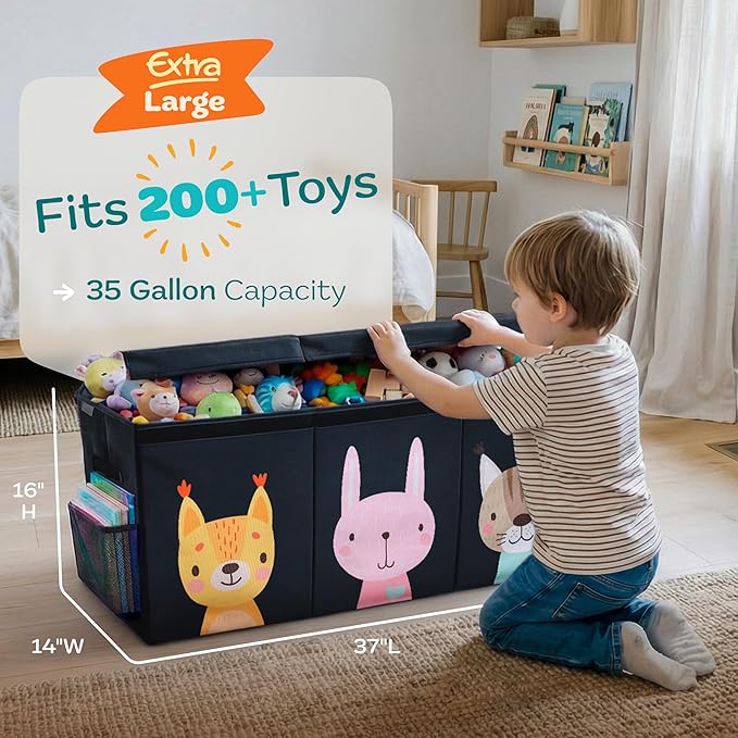 Extra Large Toy Storage Organizer with Lid - Sturdy, Collapsible Toy Chest Storage Box with Cute Design - Toys Bin with Dividers for Kids, Boys, Girls, Nursery, Bedroom, Play room 37"x16"x14"
