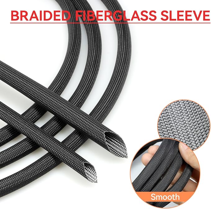 Braided Fiberglass Sleeve, 10ft High Temp Cable Sleeve, Flexible Cable Management Cable Protector for Car Wire Loom Protection (Black, 5/8")