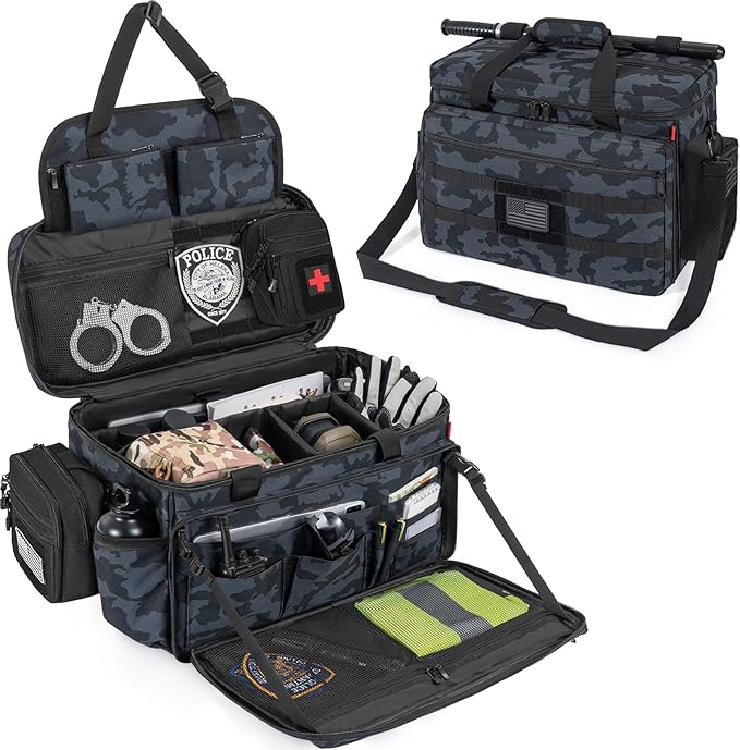 Patrol Bag Law Enforcement, Police Gear Bag Car Front Seat Organizer for Police with Laptop Layer and Cup Holders, MOLLE System, Fits Vehicle Passenger Seat, Black Camo