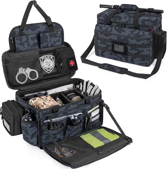 Patrol Bag Law Enforcement, Police Gear Bag Car Front Seat Organizer for Police with Laptop Layer and Cup Holders, MOLLE System, Fits Vehicle Passenger Seat, Black Camo
