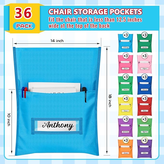 Chair Pockets for Classroom Chairback Pocket Chart 14 x 18 Inch Desk Organizer Pocket Chair Bag for Seat School Classroom(Classic,Colorful,36 Pcs)