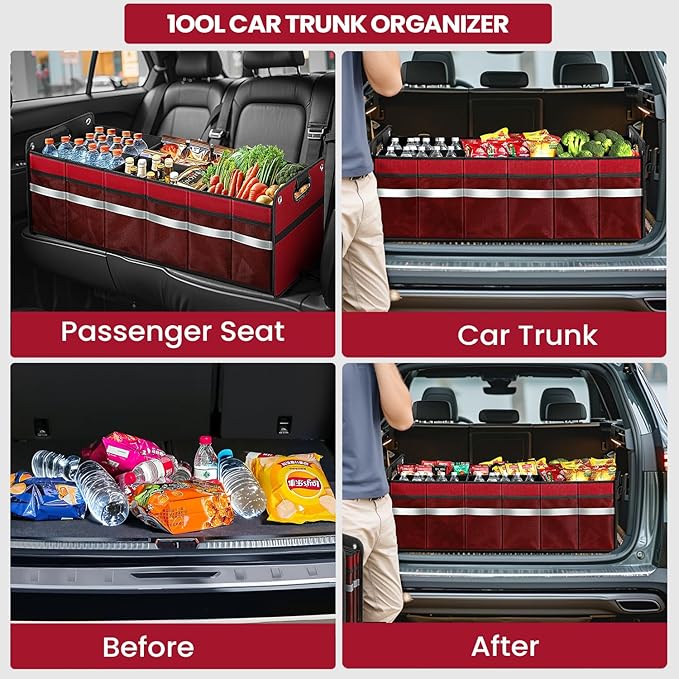 Car Trunk Organizer, Car Storage Organizer, Collapsible Multi Compartment for Car, Suv, Sedan, Truck, 100L, Extra Larger (Red, 100L)