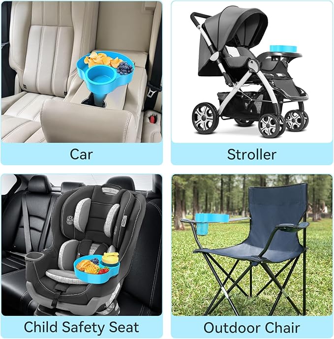 Car Seat Snack Tray for Kids: Kids Car Travel Tray with Cup Holder, Toddlers Road Trip Essential, Snacks Food Plate for Stroller, SnackTray with a Cup Holder (2, Sky Blue)