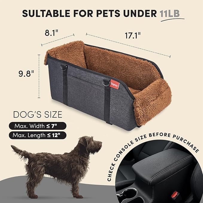 BurgeonNest Center Console Small Dog Car Seat - Portable Pet Cat Puppy Booster Armrest Carseat Up to 11lbs, Anti-Collapse Comfort Car Travel with Washable Fluffy Cushion and Pillow, Brown
