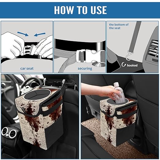 Western Brown Beige Cow Print Car Trash Can with Lid Collapsible Reusable Waterproof Car Garage Bag,Automotive Garbage Can,Car Accessories Interior Car Organizer