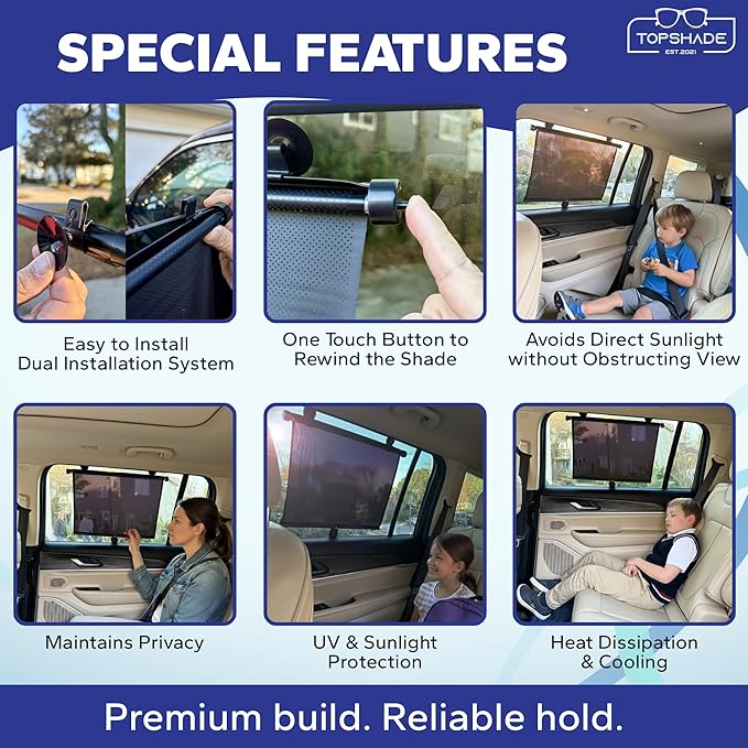 TopShade Car Window Roller Shade - Retractable Auto Side Window Sun Shade for Cars, Trucks, SUVs - UV Protection & Heat Blocker - Baby & Pet Safe - Easy Install (2 Pack, Medium, Black)
