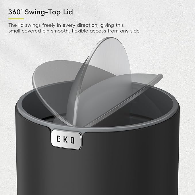 EKO Fandy 0.58 Gal/2.2L Mini Trash Can with Lid, Swing-Top Desktop Trash Can for Bathroom, Countertop, Vanity, Desk or Office, Small Garbage Bin (Black)