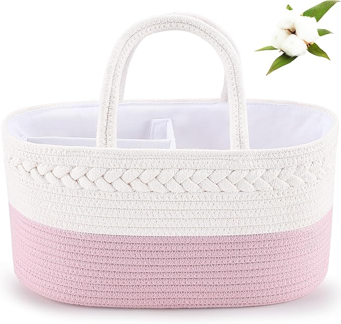 ABenkle Diaper Caddy Organizer - Cotton Rope Nursery Storage Basket for Baby Essentials, Boys & Girls Shower Gift, Changing Table Organizer, Pink