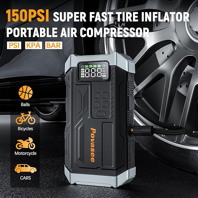 [2026NEW Model] 5000A Jump Starter with Air Compressor,Car Jumper Starter Portable with 150PSI Tire Inflator 12V Jump Box with LCD Display,Flashlight,Storage Case (Up 9L Gas/8L Diesel Engine