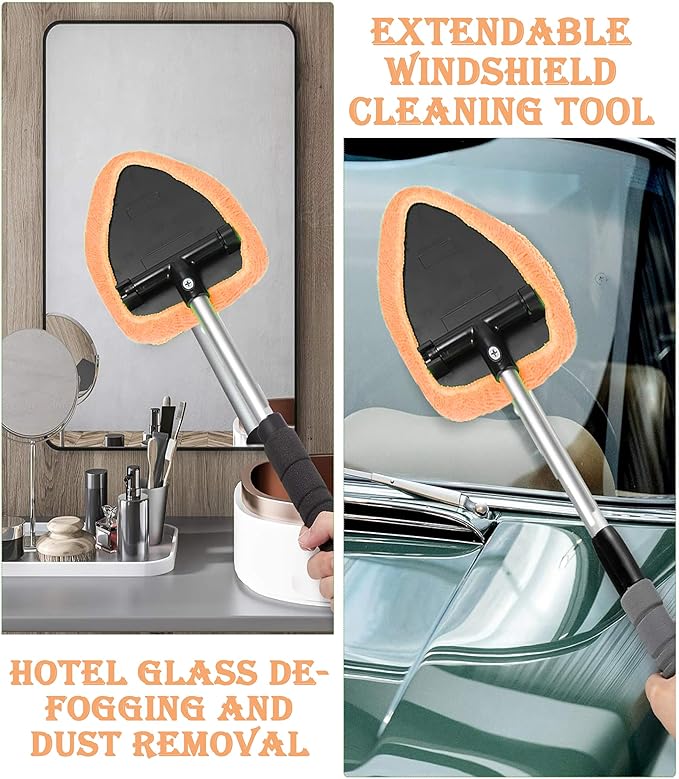Windshield Cleaning Tool with Reusable Microfiber Pads Glass Wiper Kit, Extendable Handle Car Window Cleaner (1, Orange)