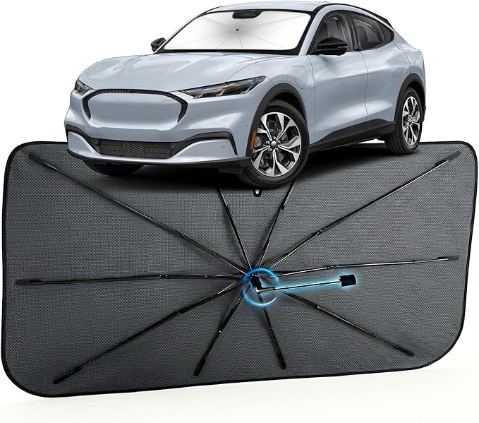 Car Windshield Sun Shade for Ford Mustang Mach-E 2021-2026 –[Reflective Coated Fabric] Sunshade Umbrella for Front Window, Car Shades Sun Visor Keep Car Cool and Protects Interior, 1:1 Exact Fit