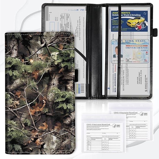 Car Registration and Insurance Card Holder, Vehicle License Documents Glove Box Compartment Organizer Wallet, ID Card Holder for Car Essentials Automobile, Camo Tree Branches