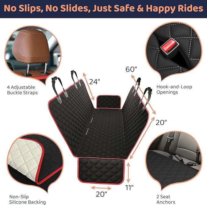 XL Dog Car Seat Cover for Back Seat, Waterproof Hammock for Car, SUV & Truck, Non-Slip Backseat Cover for Dogs, Heavy-Duty Dog Hammock Style Seat Protector Pets, Easy to Install & Clean