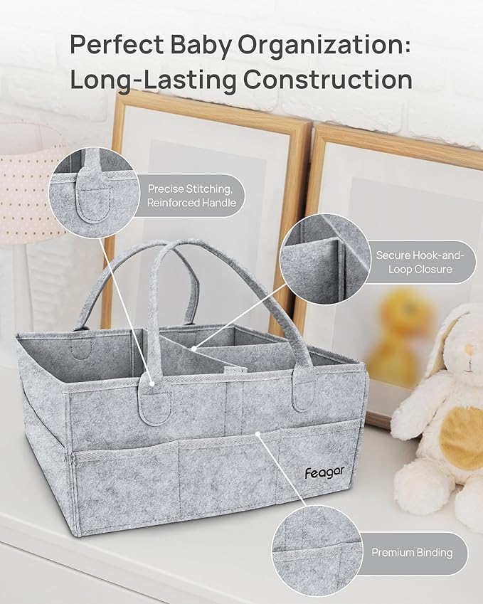 Feagar Baby Diaper Caddy Organizer, 15 Inch Large with 8 Pockets & 2 Dividers, Portable Nursery Storage Basket & Car Organizer for Changing Table, Travel (Grey)