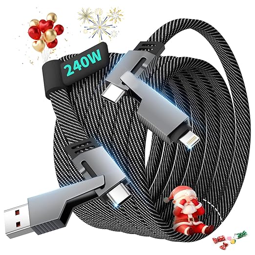 Travel Essentials,Dual Type-C 4 in 1 Multi Charging Cable, 5 FT Universal Charging Cables for All Devices, 2 USB-C/Lightning/Micro USB Port, Compatible with iPhone 17 16/15 Series/Phone/Tablet,240W