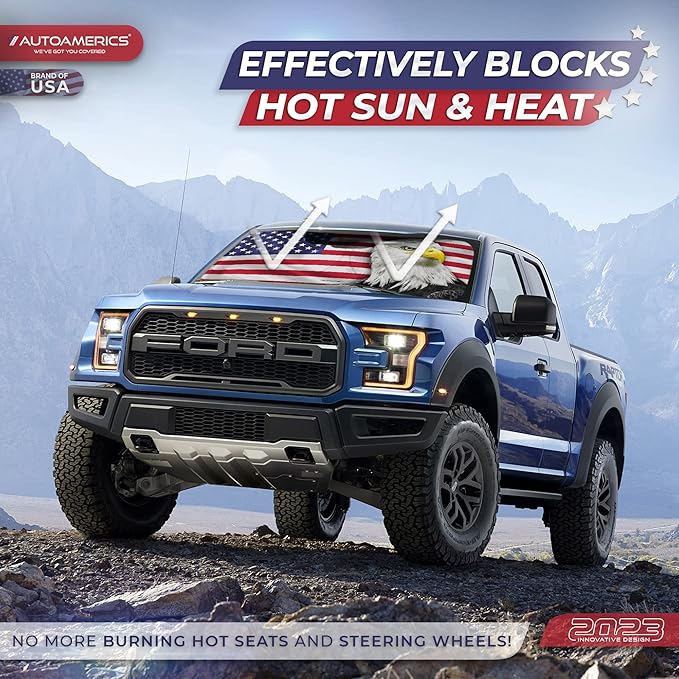 Autoamerics Truck Windshield Sun Shade with Storage Pouch & Anti-Slip Dash Pad - Foldable American Eagle Flag Design - Fits Most SUVs & Trucks - Blocks UV Rays, Keeps Car Cool | X-Large (66 x 36 in)