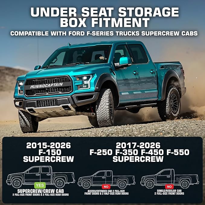 Rear Truck Underseat Storage Box, Fit 2017-2026 Ford F-250 F-350 Super Duty and 2015-2026 Ford F-150 SuperCrew Crew Cab Heavy Duty Rear Under Back Seat Box Organizer, Anti Slip