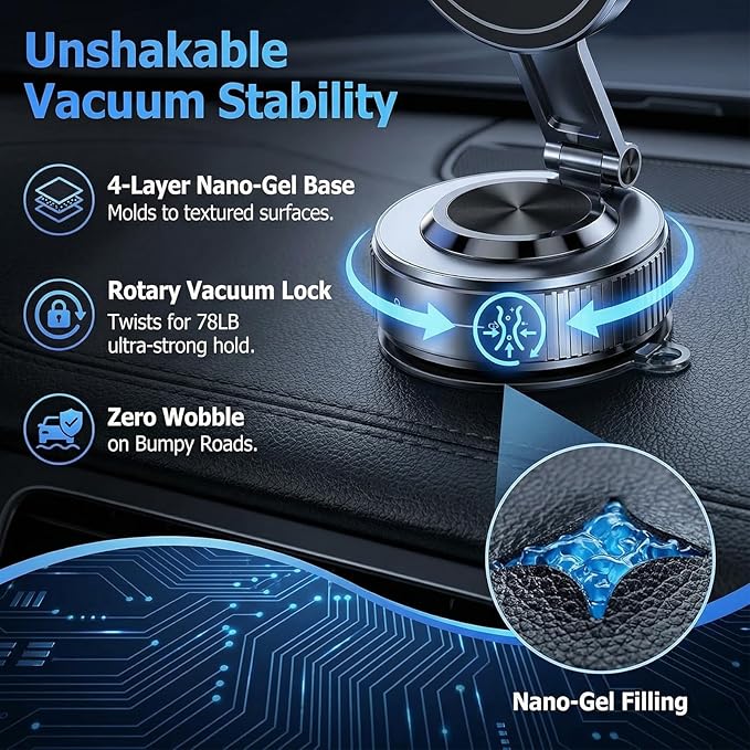 Vacuum Magnetic Phone Charging Holder Mount 15W Fast Wireless Charger for Car Magsafe 360° Adjustable Phone Holder with Nano Gel Suction Cup for iPhone 12-17 Pro Max (K5S)