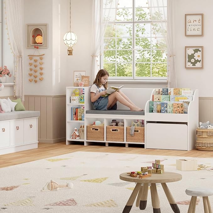 HOSTACK 67" W Kids Reading Nook with Toy Storage Organizer, Large Kids Bookshelf with Toy Storage Box on Wheels, Big Kid Bookcase with Bench and 6 Open Cubbies for Playroom, Kid Room, White