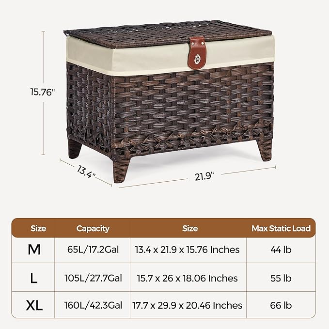 Honjourai Wicker Storage Basket with Lid,Rattan Shelf Basket with Removable Liner Bag,65L Storage Bin,Storage Trunk with Heightened Feet,Storage Container for Wardrobe,Home Organizer