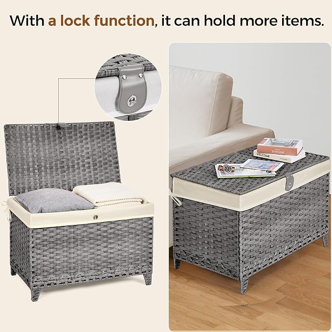 Honjourai Wicker Storage Basket with Lid,Rattan Shelf Basket with Removable Liner Bag,200L Storage Bin,Storage Trunk with Heightened Feet,Storage Container for Wardrobe,Home Organizer