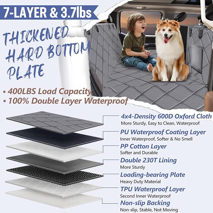 Back Seat Extender for Dogs Truck-Large Space, Dog Pet Seat Cover Back Seat Hard Bottom Holds 420lbs, Waterproof Dog Hammock for Crew Cab Trucks F150, RAM1500, Sierra, Tundra, Silverado, Grey