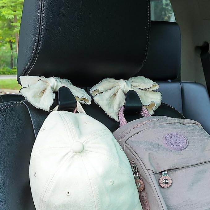 Amooca Car Seat Headrest Hook Cute Bowknot Vehicle Hanger Car Storage Organizer for Handbag Purse Coat Grocery Bag Puff Ivory
