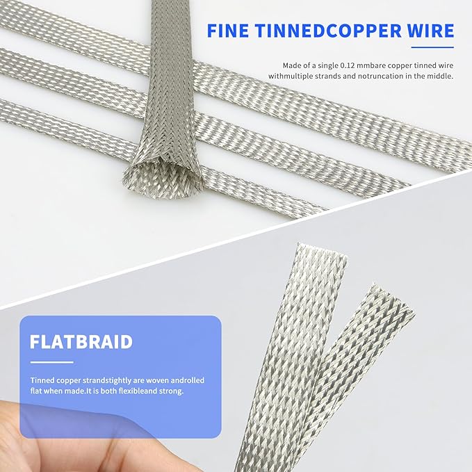 Tinned Copper Cable Sleeve, 15ft Expandable Mesh Braided Sleeving, Flexible Metal Ground Straps Wire Harness Protector (Silver, 1/4" Wide)