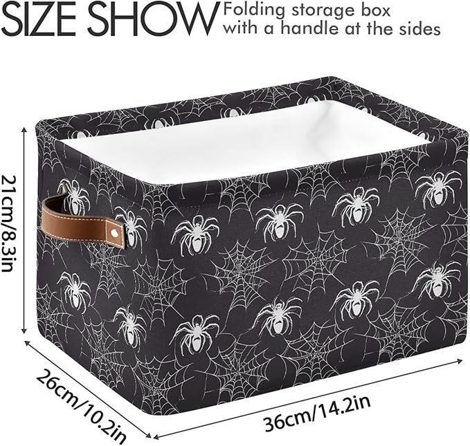 Wamika Happy Halloween Storage Basket with Waterproof Liner and PU Handles Spooky Spider Web Black Storage Bins Boxes 14.2" Collapsible Decorative Organizer Baskets for Bedroom Closet Office 1 Pack