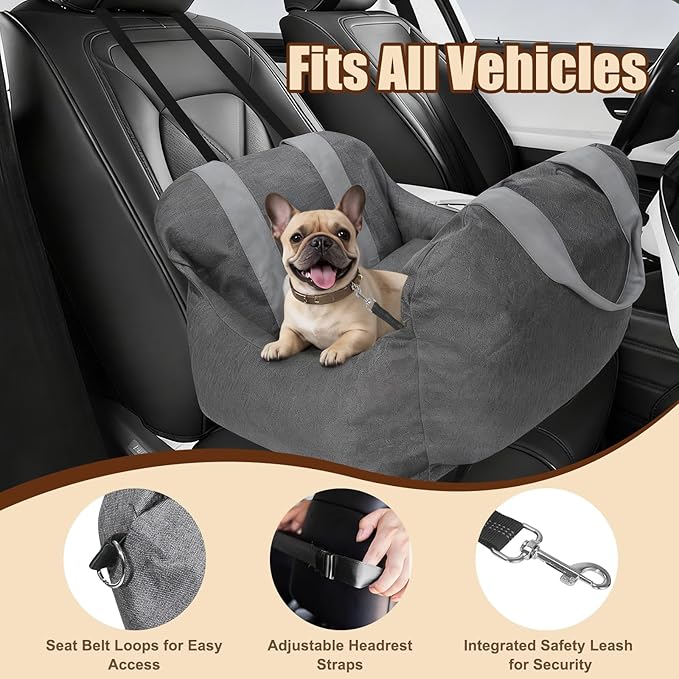Car Seat for Small & Medium-Sized Dogs & Cats Up to 25 lbs – Cushy, Roomy, Washable, Carrier Seat with Headrest Harness, Seatbelt Anchor, Safety Leash, Storage Pockets & Thick Cushion