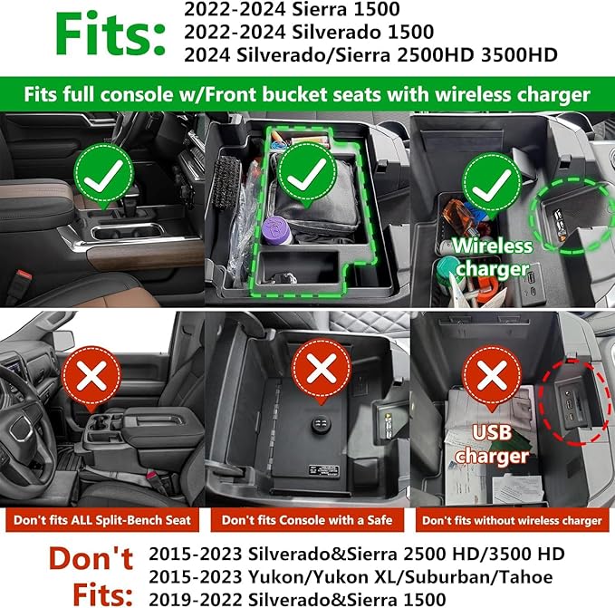 JOJOMARK Center Console Organizer Tray fits for 2022-2025 GMC Sierra/Chevy Silverado 1500 Accessories,2024-2025 Silverado/Sierra 2500HD 3500HD (Wireless Charging With Full Console w/Bucket Seats Only)
